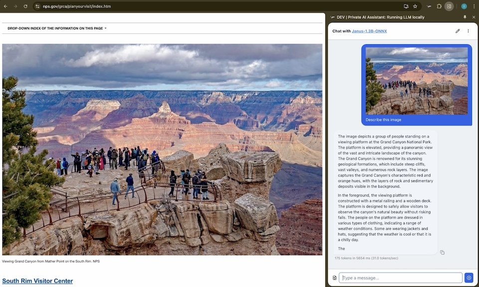 Image captioning demo showing the extension describing a Grand Canyon photo
